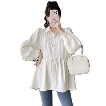 Κορεάτικο στυλ επίσημα πουκάμισα εγκυμοσύνης μακριά μανίκια φαρδιά γυριστό γιακά με κουμπί Fly έγκυος φόρεμα μπλούζα μπλούζα εγκυμοσύνης Τοπ