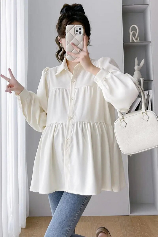 Korėjietiško stiliaus Motinystės iškilmingi marškiniai ilgomis rankovėmis, laisvomis apykakle, mygtuku skristi nėščiai moteriai Ballinė suknelė Palaidinė Nėštumo viršūnė