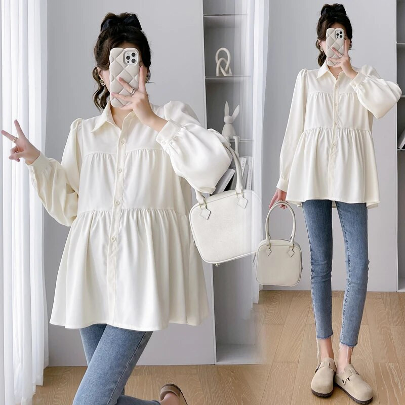 Korėjietiško stiliaus Motinystės iškilmingi marškiniai ilgomis rankovėmis, laisvomis apykakle, mygtuku skristi nėščiai moteriai Ballinė suknelė Palaidinė Nėštumo viršūnė