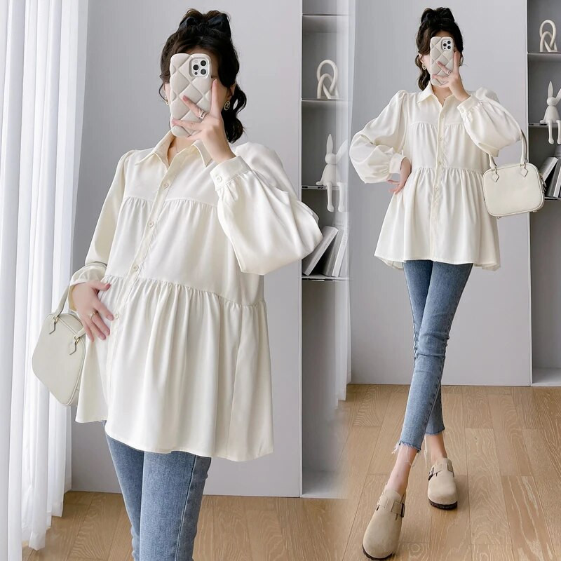 Korėjietiško stiliaus Motinystės iškilmingi marškiniai ilgomis rankovėmis, laisvomis apykakle, mygtuku skristi nėščiai moteriai Ballinė suknelė Palaidinė Nėštumo viršūnė