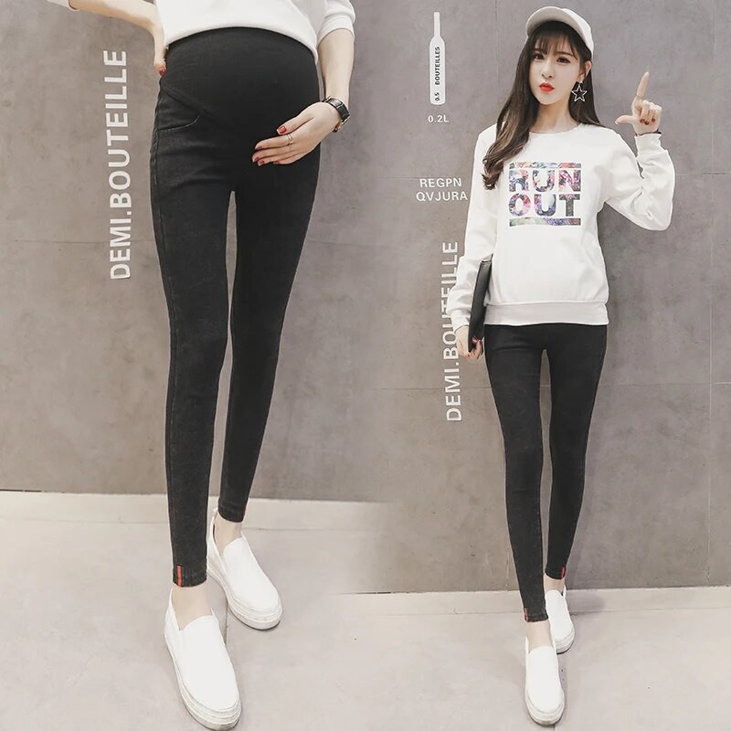 Mėlynas Juodas Pieštukas Elastingi Nėščioms Džinsai Nėščioms Moterims Drabužiai Žindai Nėštumo Antblauzdžiai Kelnės Medvilniniai Džinsiniai Kelnės Drabužiai