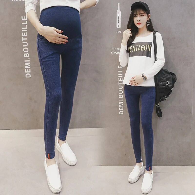 Mėlynas Juodas Pieštukas Elastingi Nėščioms Džinsai Nėščioms Moterims Drabužiai Žindai Nėštumo Antblauzdžiai Kelnės Medvilniniai Džinsiniai Kelnės Drabužiai