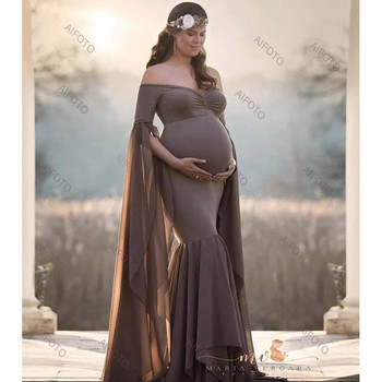 Φόρεμα εγκυμοσύνης για στηρίγματα φωτογραφίας Μακρυμάνικο Word Shoulder Ψηλόμεση Λεπτή Φούστα Fishtail Maxi Φούστα εγκυμοσύνης