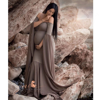 Φόρεμα εγκυμοσύνης για στηρίγματα φωτογραφίας Μακρυμάνικο Word Shoulder Ψηλόμεση Λεπτή Φούστα Fishtail Maxi Φούστα εγκυμοσύνης