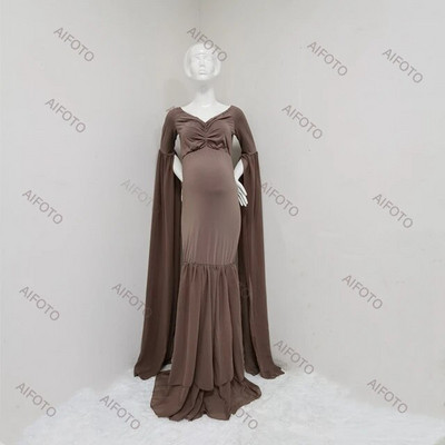 Rochie de maternitate pentru recuzită fotografie, mânecă lungă, umăr cuvânt, talie înaltă, fustă maxi subțire, coadă de pește, ținută pentru ședință foto pentru sarcină