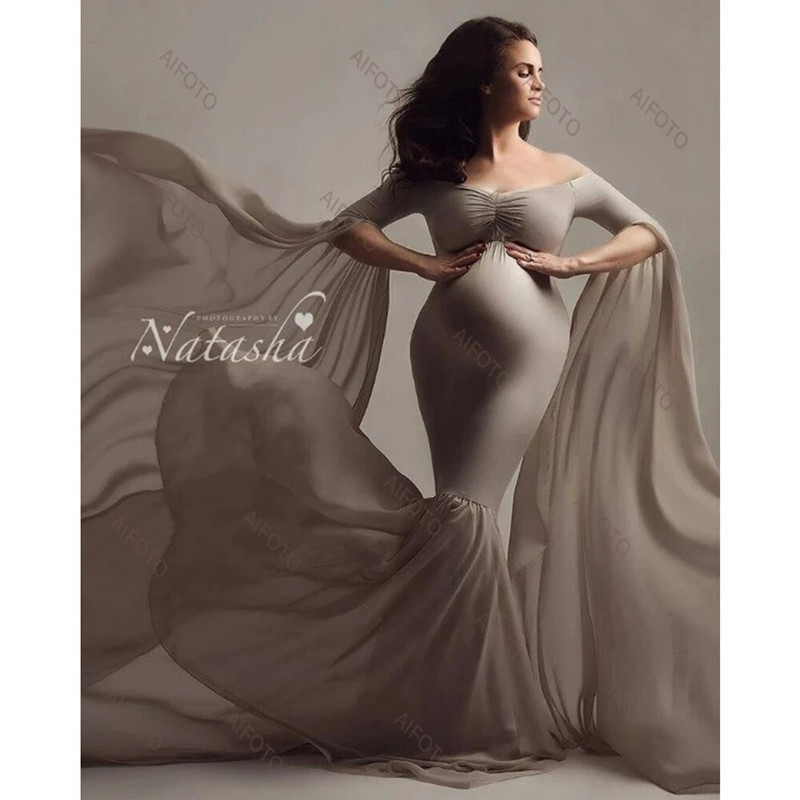Rochie de maternitate pentru recuzită fotografie, mânecă lungă, umăr cuvânt, talie înaltă, fustă maxi subțire, coadă de pește, ținută pentru ședință foto pentru sarcină
