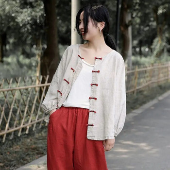 Топ от памук и лен с копчета в ретро китайски стил за бременни жени Риза за бременни през пролетта и есента на 2023 г. LF059