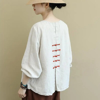 Majica od pamuka i lana na dugmad u retro kineskom stilu za trudnice Proljetna i jesenska majica za trudnice 2023. Majica za trudnice LF059
