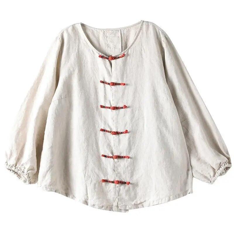 Nėščioms moterims Retro kiniško stiliaus medvilniniai ir lininiai sagomis skirti viršutiniai nėščių moterų 2023 m. pavasario ir rudens marškinėliai nėščiosioms LF059