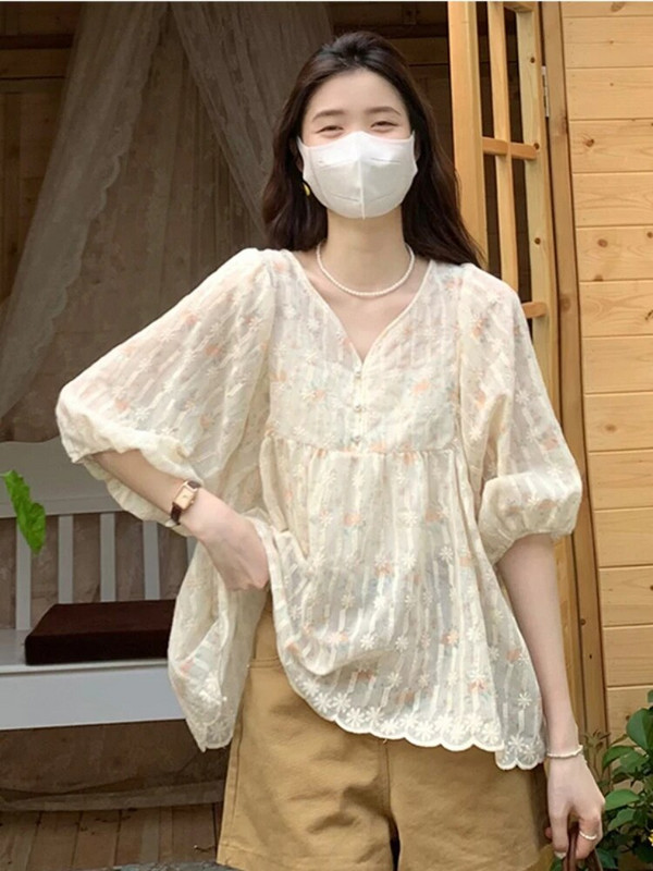 2024 Dulce decolteu în V pentru sarcină cămăși florale de vară, broderie, mâneci bufante, bluze pentru femei însărcinate, haine largi de maternitate