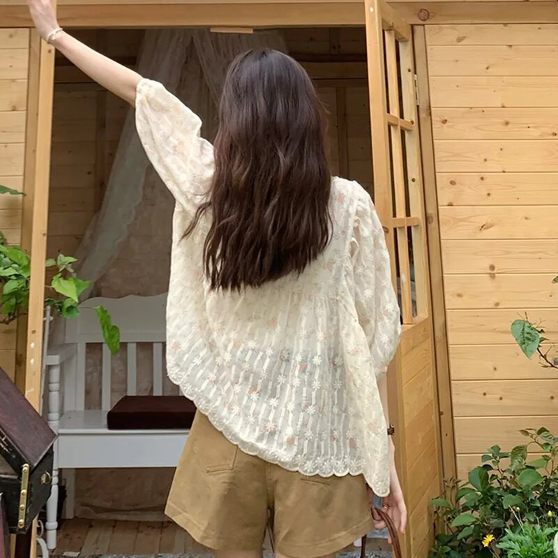 2024 Dulce decolteu în V pentru sarcină cămăși florale de vară, broderie, mâneci bufante, bluze pentru femei însărcinate, haine largi de maternitate