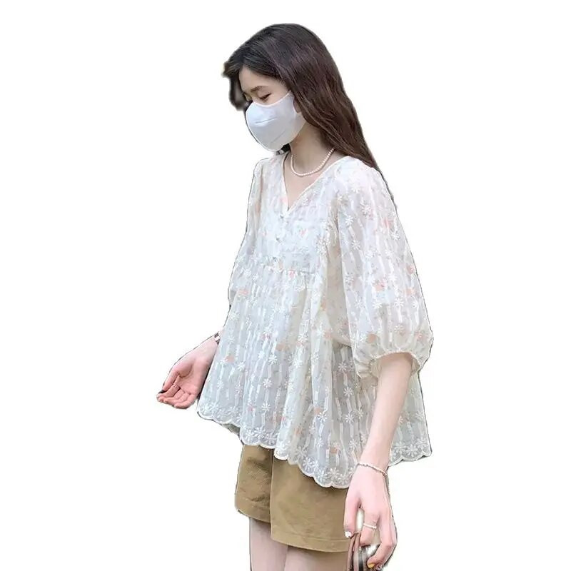 2024 Dulce decolteu în V pentru sarcină cămăși florale de vară, broderie, mâneci bufante, bluze pentru femei însărcinate, haine largi de maternitate