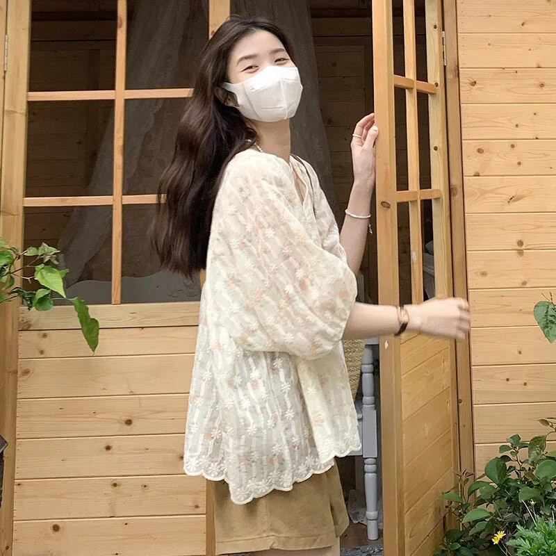 2024 Dulce decolteu în V pentru sarcină cămăși florale de vară, broderie, mâneci bufante, bluze pentru femei însărcinate, haine largi de maternitate