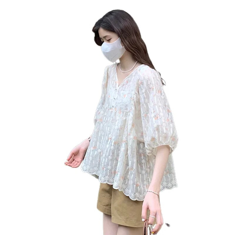 2024 Dulce decolteu în V pentru sarcină cămăși florale de vară, broderie, mâneci bufante, bluze pentru femei însărcinate, haine largi de maternitate
