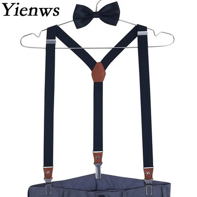 Yienws Bretele pentru bărbați și papion pentru adulți, pantaloni cu nasturi cu 3 agrafe, bretele Suspensorio femei, bretele roz roșii, set papion YiA036