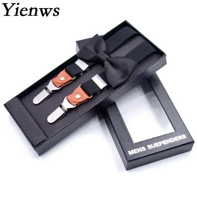 Yienws Bretele pentru bărbați și papion pentru adulți, pantaloni cu nasturi cu 3 agrafe, bretele Suspensorio femei, bretele roz roșii, set papion YiA036