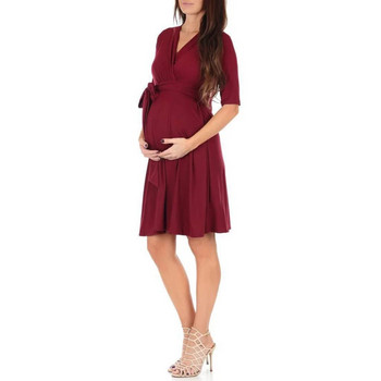 Рокля с шнур за бременни Дрехи за бременни Летни ежедневни бременни жени Рокля с V-образно деколте с къс ръкав Vestidos Бременни дрехи