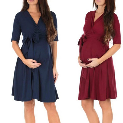 Рокля с шнур за бременни Дрехи за бременни Летни ежедневни бременни жени Рокля с V-образно деколте с къс ръкав Vestidos Бременни дрехи