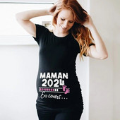 Tricou de maternitate cu imprimeu francez Maman 2024 Haine pentru gravidă Tricou de vară Anunț de sarcină Topuri Cămăși Tricouri pentru mamă proaspătă