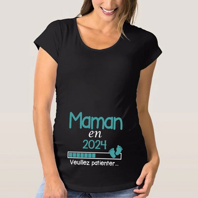 Tricou de maternitate cu imprimeu francez Maman 2024 Haine pentru gravidă Tricou de vară Anunț de sarcină Topuri Cămăși Tricouri pentru mamă proaspătă