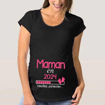 Tricou de maternitate cu imprimeu francez Maman 2024 Haine pentru gravidă Tricou de vară Anunț de sarcină Topuri Cămăși Tricouri pentru mamă proaspătă