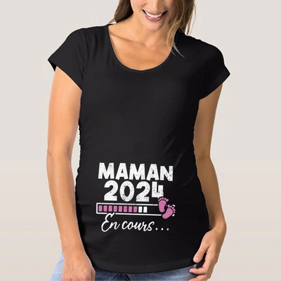 Tricou de maternitate cu imprimeu francez Maman 2024 Haine pentru gravidă Tricou de vară Anunț de sarcină Topuri Cămăși Tricouri pentru mamă proaspătă