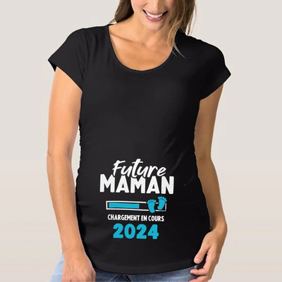 Tricou de maternitate cu imprimeu francez Maman 2024 Haine pentru gravidă Tricou de vară Anunț de sarcină Topuri Cămăși Tricouri pentru mamă proaspătă
