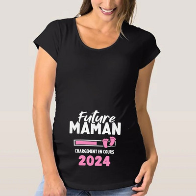 Tricou de maternitate cu imprimeu francez Maman 2024 Haine pentru gravidă Tricou de vară Anunț de sarcină Topuri Cămăși Tricouri pentru mamă proaspătă