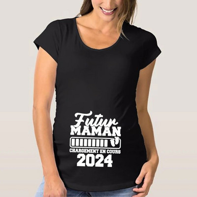 Tricou de maternitate cu imprimeu francez Maman 2024 Haine pentru gravidă Tricou de vară Anunț de sarcină Topuri Cămăși Tricouri pentru mamă proaspătă