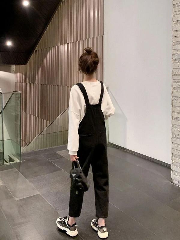 Juodi motinystės džinsiniai kombinezonai patemptu aukštu juosmeniu nėščiai moteriai ilgi džinsai laisvi laisvalaikio kombinezonai nėštumui didelio dydžio šliaužtinukai