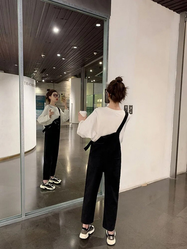 Juodi motinystės džinsiniai kombinezonai patemptu aukštu juosmeniu nėščiai moteriai ilgi džinsai laisvi laisvalaikio kombinezonai nėštumui didelio dydžio šliaužtinukai