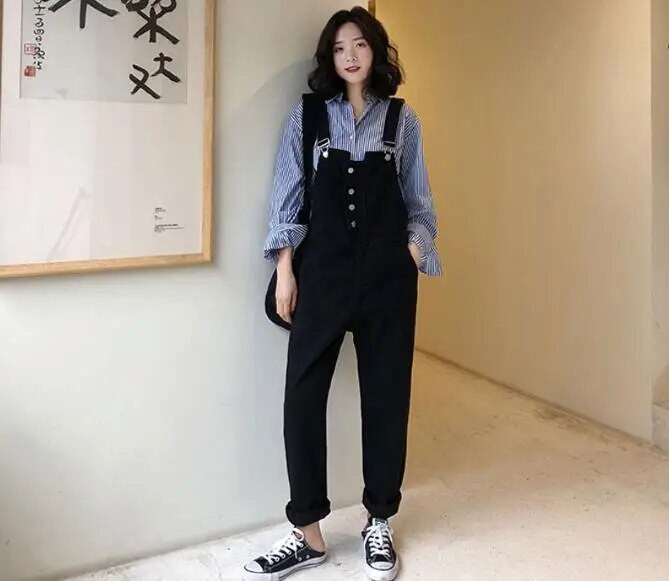 Juodi motinystės džinsiniai kombinezonai patemptu aukštu juosmeniu nėščiai moteriai ilgi džinsai laisvi laisvalaikio kombinezonai nėštumui didelio dydžio šliaužtinukai