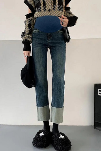 2024 Spring Maternity Empired Belly Jeans Block Color Patchwork Бременна жена Дънкови панталони Ретро Дълги панталони за бременност M-3XL