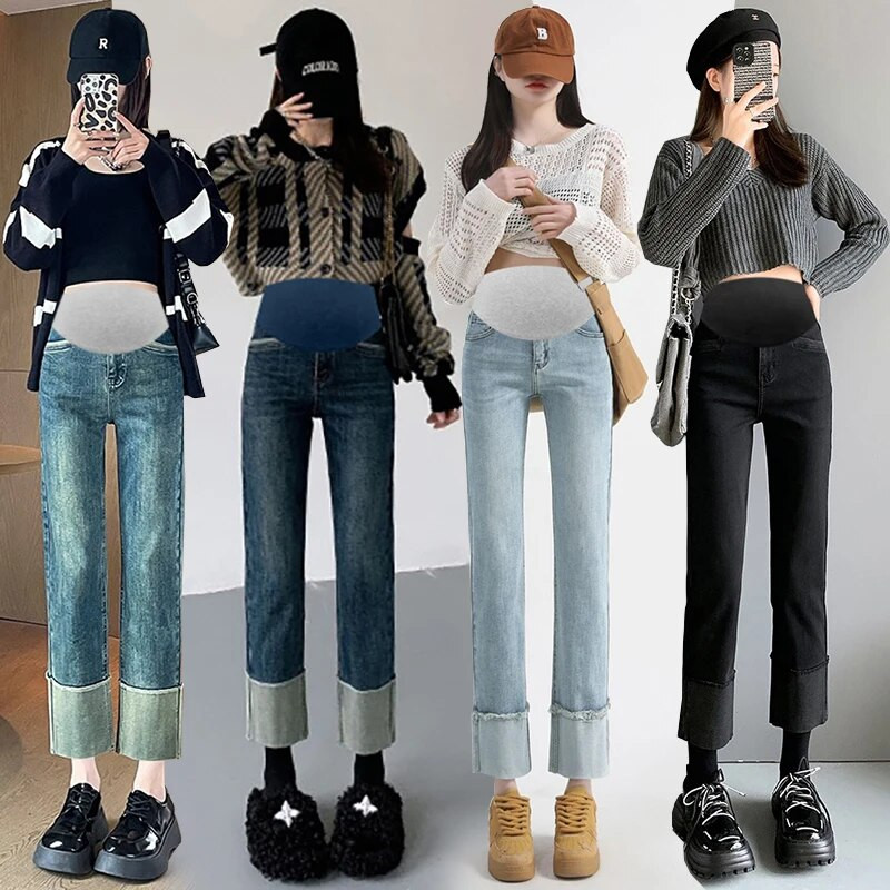 2024 de primăvară de maternitate Empired burtă blugi bloc de culoare patchwork femei gravidă pantaloni denim vintage sarcină pantaloni lungi M-3XL