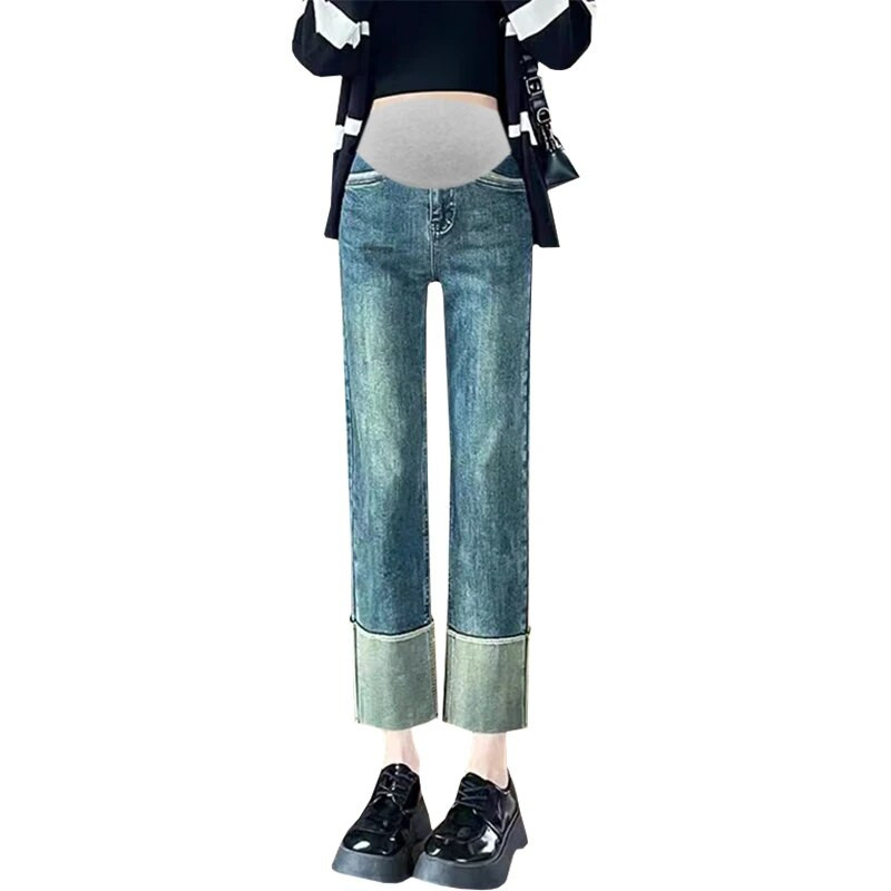 2024 de primăvară de maternitate Empired burtă blugi bloc de culoare patchwork femei gravidă pantaloni denim vintage sarcină pantaloni lungi M-3XL