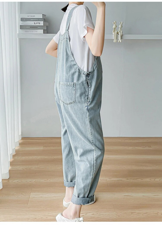 Korėjietiško stiliaus džinsiniai kombinezonai nėščiosioms šviesiai mėlyni aukštu juosmeniu nėščioms moterims medvilniniai kombinezonai aukštu juosmeniu nėščiosioms laisvi džinsai