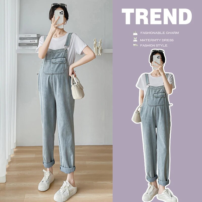 Korėjietiško stiliaus džinsiniai kombinezonai nėščiosioms šviesiai mėlyni aukštu juosmeniu nėščioms moterims medvilniniai kombinezonai aukštu juosmeniu nėščiosioms laisvi džinsai