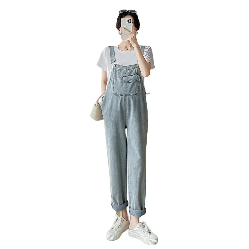 Korėjietiško stiliaus džinsiniai kombinezonai nėščiosioms šviesiai mėlyni aukštu juosmeniu nėščioms moterims medvilniniai kombinezonai aukštu juosmeniu nėščiosioms laisvi džinsai