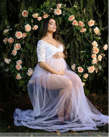 Δαντελένια φορέματα εγκυμοσύνης για φωτογραφική λήψη για έγκυες γυναίκες Φόρεμα ντους μωρού Sweep Train Maxi Gown Φόρεμα εγκυμοσύνης Φόρεμα φωτογραφίας