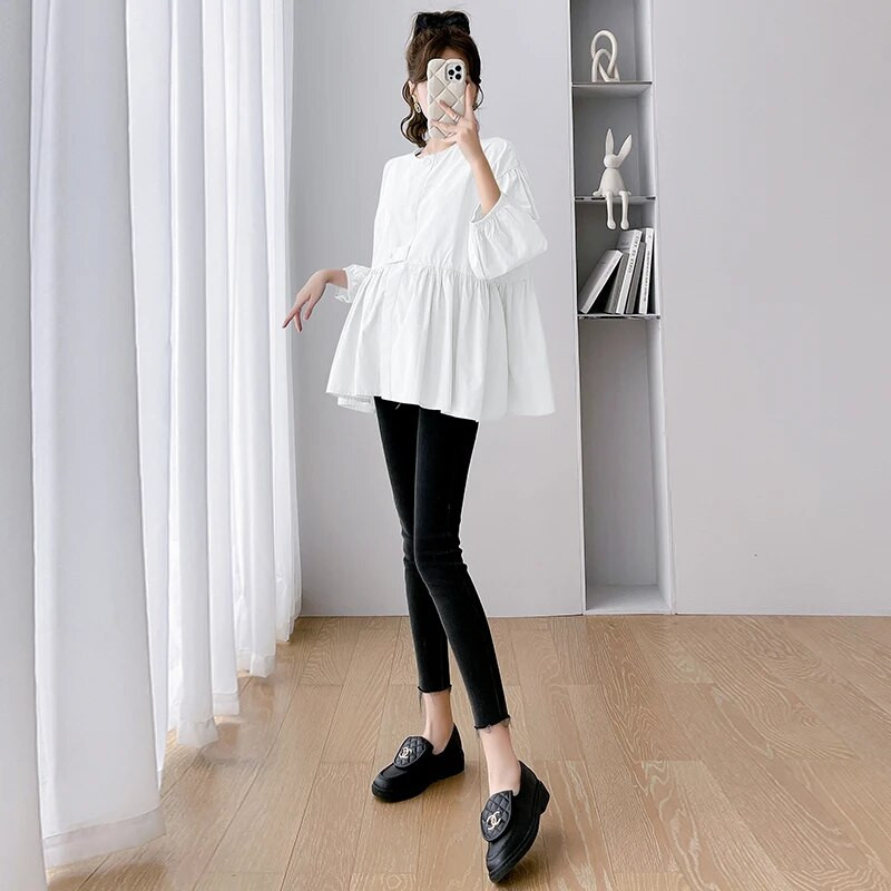 Korėjietiško stiliaus Negabaritiniai nėščiųjų marškiniai Laisvos mados palaidinės nėščiosioms Didelio dydžio pavasariniai drabužiai nėščiosioms Mėlyna balta