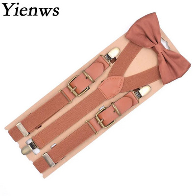 Yienws Bretels Bow Tie Suspenders for Men Vintage Brown Bowtie Braces Y Back Patch Leather Suspenders Wedding Party YiA096