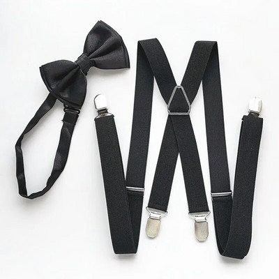 Black Men Suspender Bow tie Sets High Elastic Strap Strong 4 clips-on suspenders Neck tie set Adult Women Wedding LB002