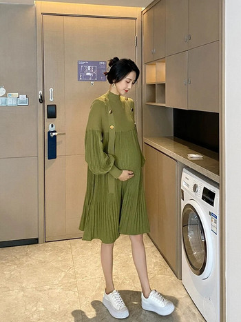 Έγκυος Γυναίκα Ανοιξιάτικα Ρούχα Μακρυμάνικα Ο-λαιμόκοψη Πλεκτομηχανές Σιφόν Πλισέ Φόρεμα Φαρδιά Φορέματα εγκυμοσύνης Μαύρο Πράσινο