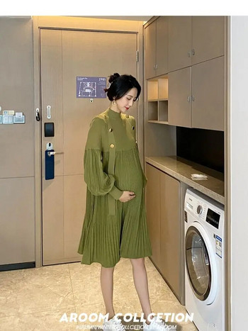 Бременни жени Пролетни дрехи с дълъг ръкав О-образно деколте Плетива пачуърк шифон плисирана рокля Свободни рокли за бременни Черно зелено