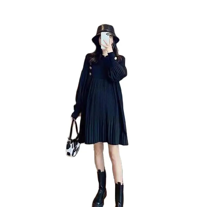 Femei însărcinate Haine de primăvară Mâneci lungi Decolteu O tricotat Mozaic șifon Rochie plisată Rochii largi de sarcină Negru Verde