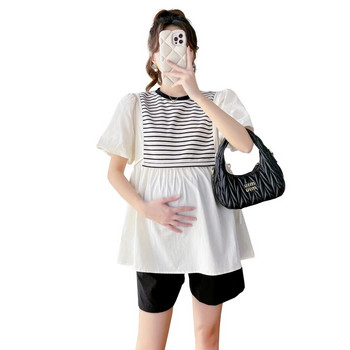 Κορεάτικο στιλ ριγέ συνονθύλευμα O-neck με μανίκια μητρότητας πουκάμισα εγκυμοσύνης Φαρδιά μόδα Μπλούζα για έγκυες γυναίκες Βαμβακερά μπλουζάκια εγκυμοσύνης