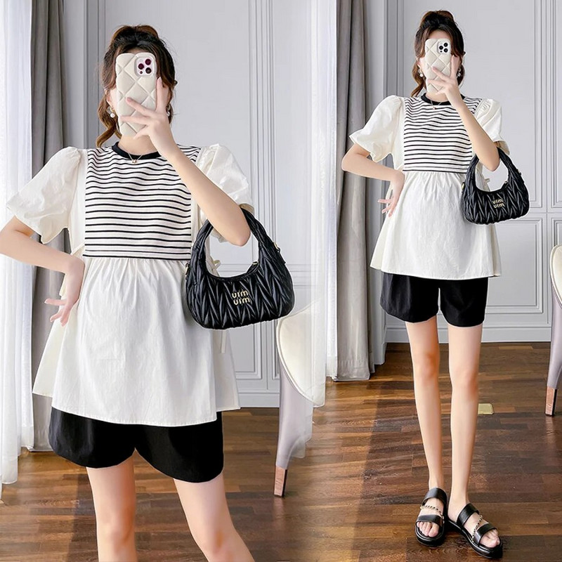 Cămăși de maternitate în dungi în stil coreean, cu decolteu O, cu mâneci bufante, pentru femei însărcinate, bluză pentru sarcină, tricouri de top din bumbac