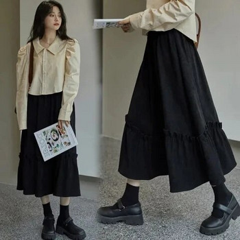 Пола за корем за бременни в японски стил Черна пола с волани с висока талия Пачуърк Пола с А-силует за бременни Пола тип чадър за бременни
