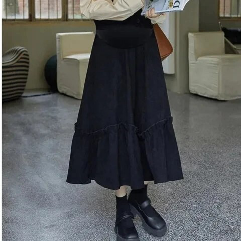 Japoniško stiliaus sijonas nėščiosioms, juodas su raukiniais aukštu juosmeniu, raištiniai, A formos sijonai nėščioms moterims, skėčiai