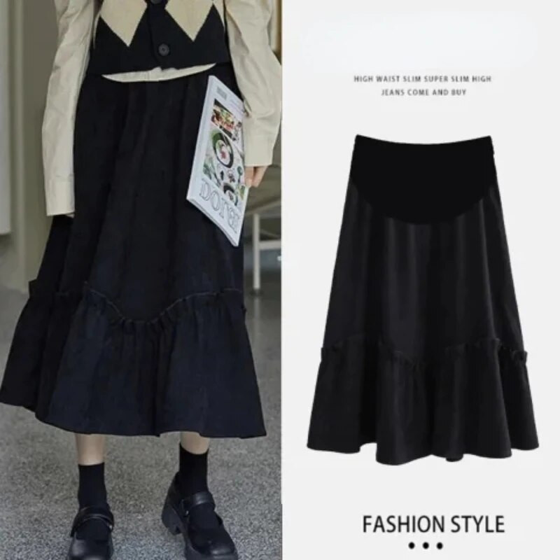 Japoniško stiliaus sijonas nėščiosioms, juodas su raukiniais aukštu juosmeniu, raištiniai, A formos sijonai nėščioms moterims, skėčiai